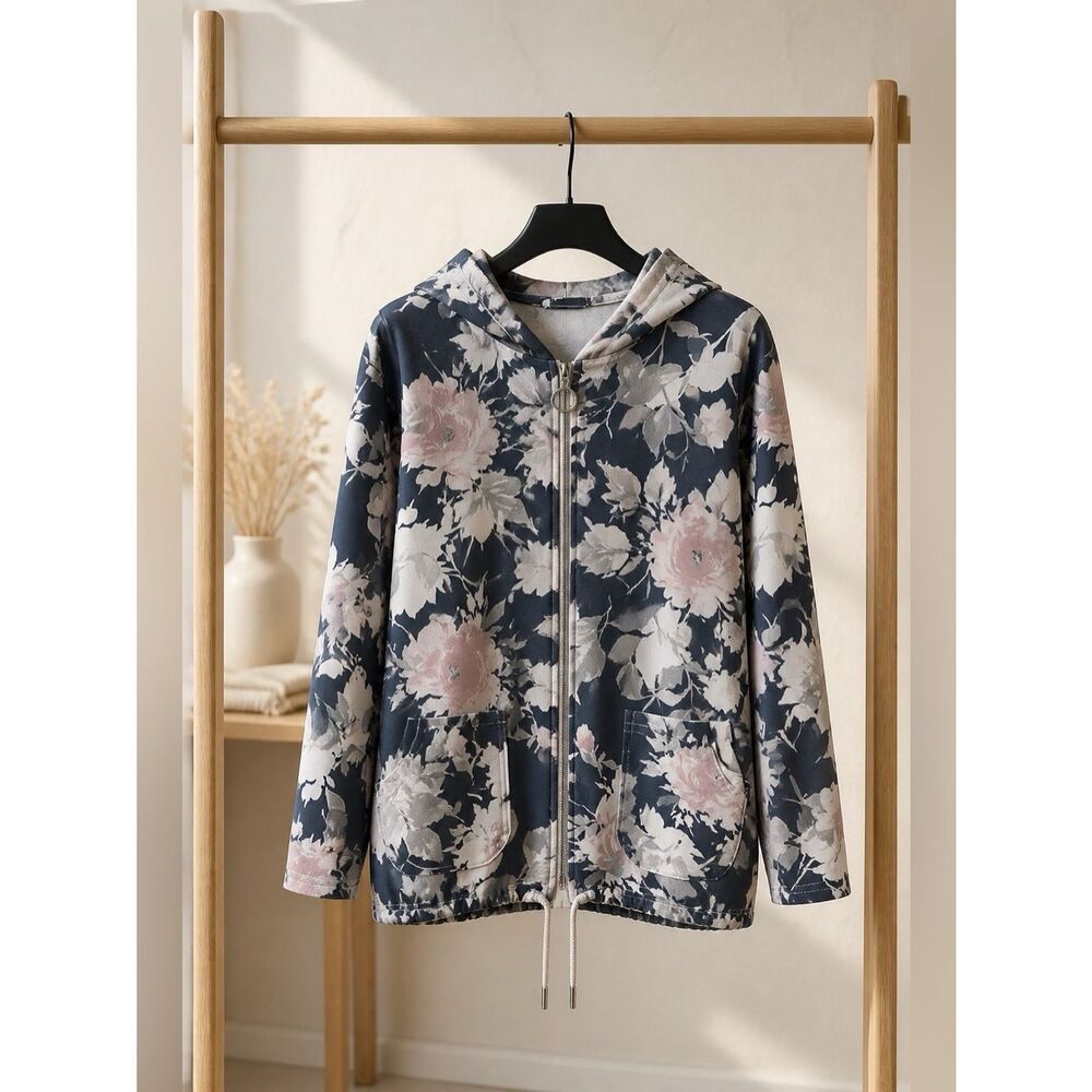 PINK AND BLUE FLORAL XINWEI ZIPPERED HOODIE PLUS SIZE 52